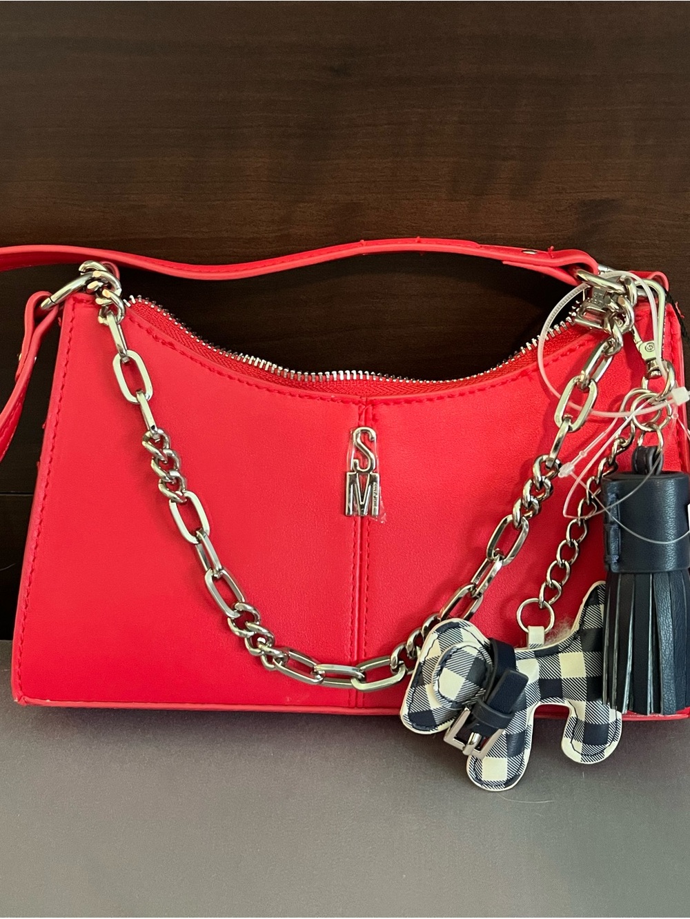 Steve Madden Red Shoulder Bag with Chain Accent